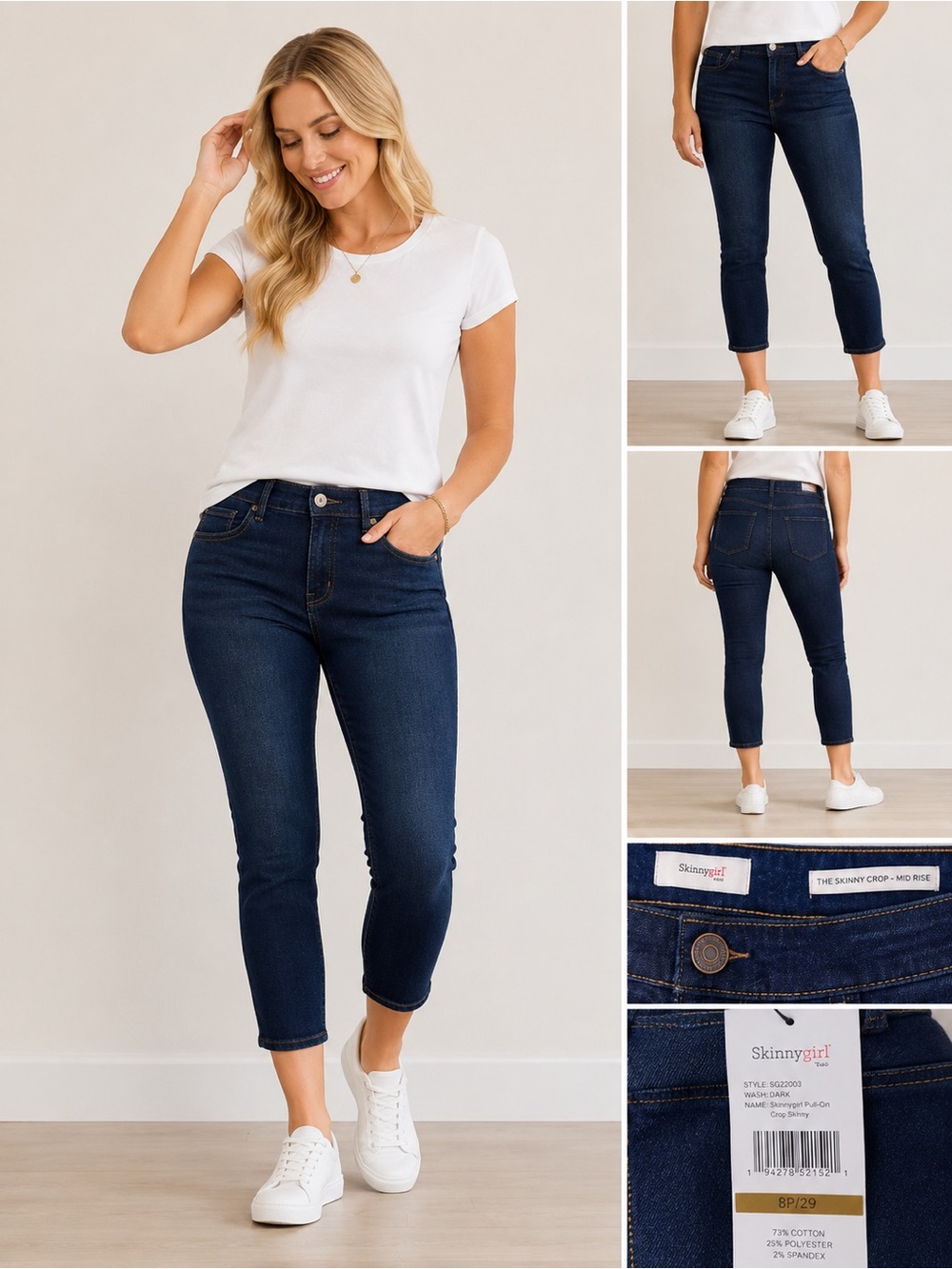 Skinnygirl The Skinny Crop Mid Rise Dark Wash Jeans 8 Petite NWT Stretch Denim